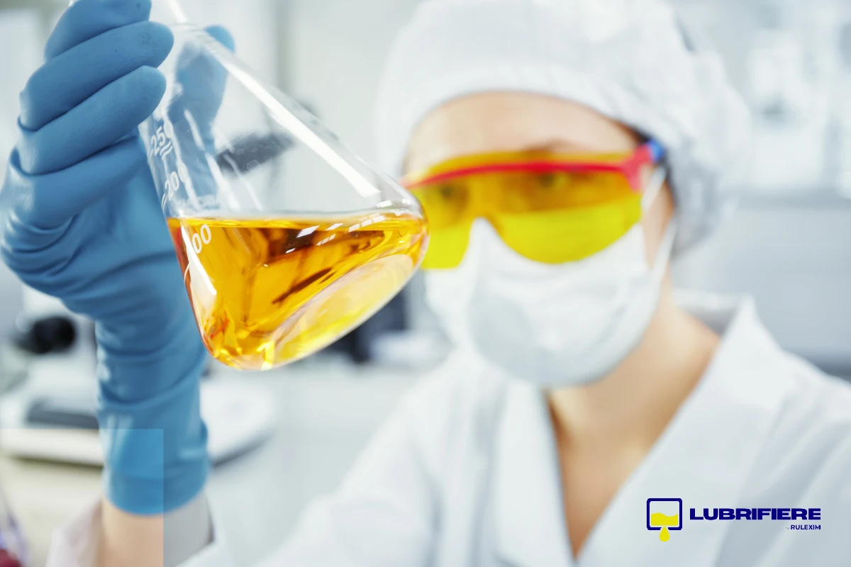 Femeie in halat alb care se uita la un lichid galben intr-o sticluta